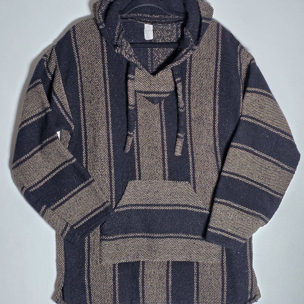 Vintage 90s Baja Jerga Hoodie Woven Charcoal Tan Striped Drug Rug Pullover Large